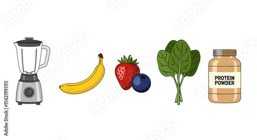 Illustration of a blender with banana strawberry blueberry spinach and protein powder ingredients ready