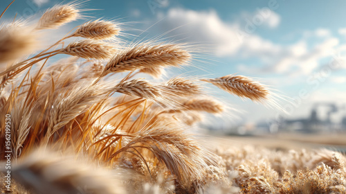Close-Up of Wheat Ears Under Beautiful Blue Sky and Soft Clouds