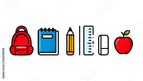 Illustration of a red backpack blue notebook pencil ruler eraser and red apple for school supplies