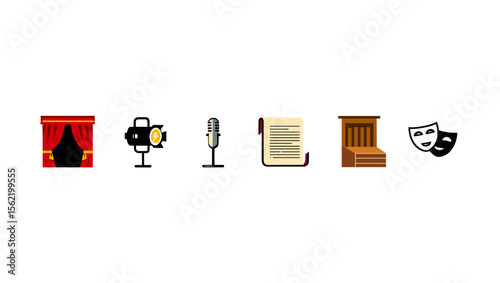 Illustration showing theatrical elements including curtains spotlight microphone and script and masks