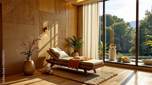 Cozy modern interior with natural light, comfortable chair, indoor plants, wooden accents, serene atmosphere, and large window view of greenery