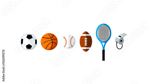 Illustration of various sports equipment including balls tennis racket and a whistle in a row design