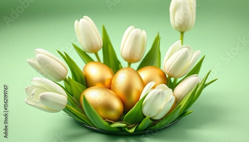 Sparkling gold Easter eggs nestled amongst pristine white tulips on a soft mint green background,  shine,  pastel