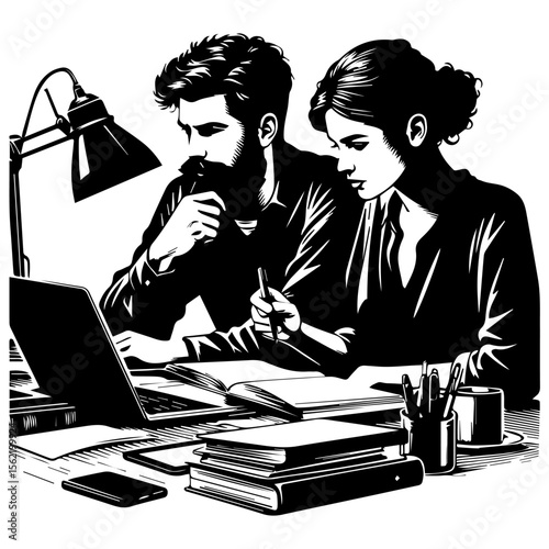 A man and woman collaborate intently on a project, surrounded by books, laptop, and desk supplies.