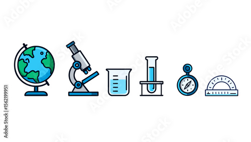 Illustration of a globe microscope beaker test tube compass and protractor in a row on white background