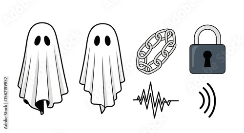 Illustration of two ghosts, a chain, a lock, a sound wave and a wifi signal on a white background