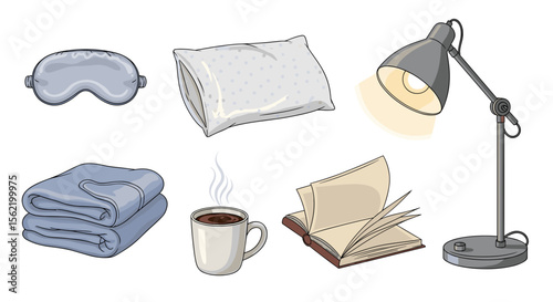 Illustration showing a sleep mask, pillow, blanket, coffee, book, and lamp for a relaxing evening routine
