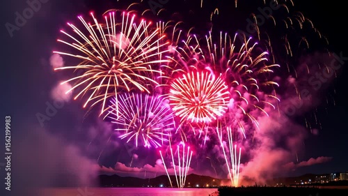 Vibrant Fireworks Display Over Ocean at Night with Colorful Bursts Lighting Up the Sky and Reflecting on Water Surface during Festive Celebration