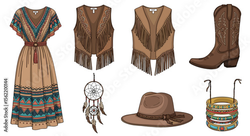 Illustration of a boho chic outfit with a long dress vests boots hat dreamcatcher and bracelets
