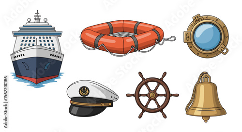 Illustration of a cruise ship, life preserver, porthole, captain's hat, ship's wheel, and bell