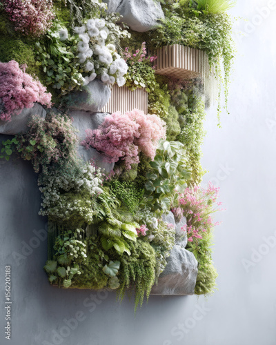 Lush Vertical Garden with Vibrant Flowers and Greenery