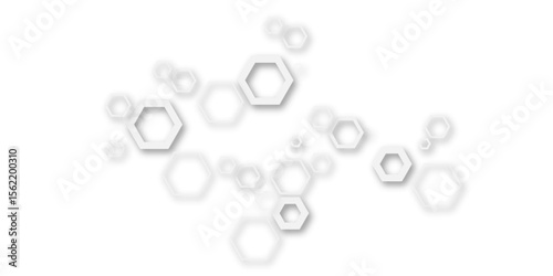 An abstract arrangement of interconnected hexagonal shapes in subtle white and light gray, with soft shadows, creating a minimalist and modern honeycomb-like pattern on a clean white background.