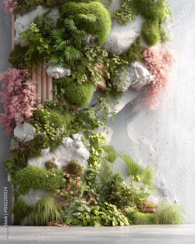 Lush Vertical Garden Wall with Vibrant Flora and Textured Background