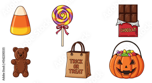 Illustration of halloween candy including corn chocolate lollipop and trick or treat bag and pumpkin bucket
