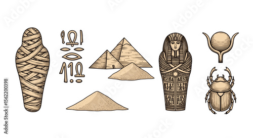 Illustration depicting a mummy, sarcophagus, pyramids, scarab beetle, and egyptian hieroglyphs artfully drawn