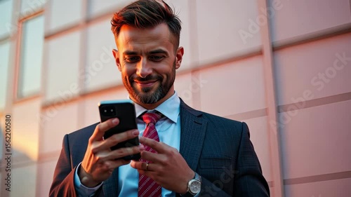 Confident Businessman Holding Smartphone, Smiling in Urban Environment, Professional Attire, Communication Concept, Modern Lifestyle, Business Success