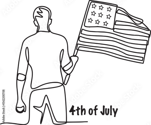 4th of July American Independence Day Man Holding American Flag Online Drawing Illustration.


