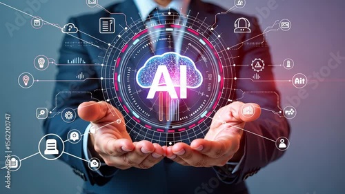 Business professional presenting artificial intelligence technology concept with data visualization and connectivity symbols in futuristic design