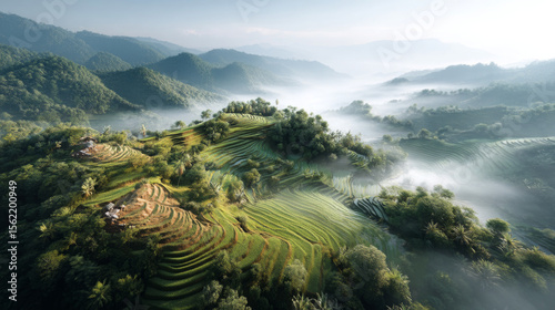 Serene Aerial View of Lush Green Terraced Rice Fields and Misty Mountains