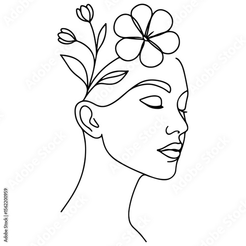 Black vector illustration of a woman's head silhouette with flowers and elegant hair, showcasing beauty and fashion
