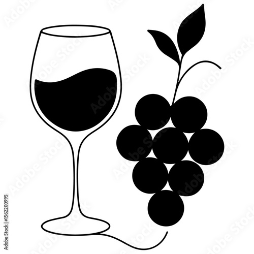 Red or white wine in a glass, with fresh grapes on the vine, ready to drink