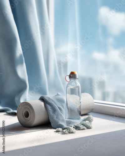 Relaxing Yoga Space with Water Bottle and Soft Blanket Near Window
