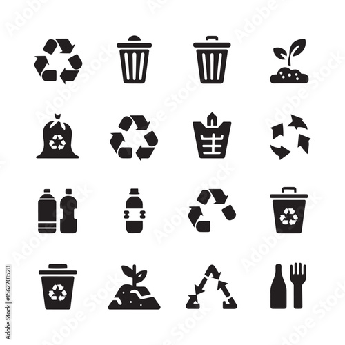 Recycling and Waste Management Icons Set Trash, Recycling Bins, and Disposal Symbols