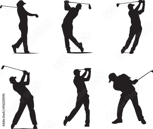Golf Swing Silhouettes Six Action Poses for Vector Illustration