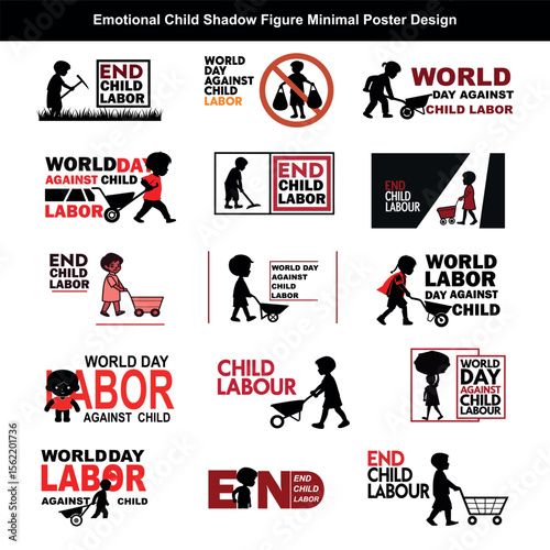 Fifteen illustrations highlight the urgent need to end child labor now on a white background