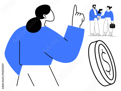 Woman pointing upward, two colleagues shaking hands with documents, and a coin emphasize teamwork, financial success, and goal alignment. Ideal for finance, strategy, collaboration, growth