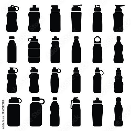 Collection of diverse water bottle silhouettes isolated on white background