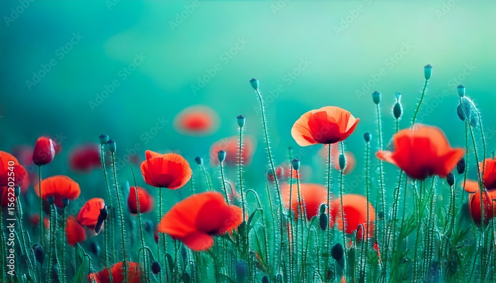 Obraz premium Blooming red poppies in a field in spring in nature on a turquoise background with soft focu.jpg