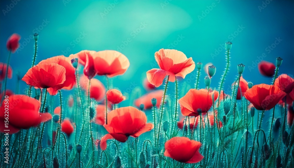 Obraz premium Blooming red poppies in a field in spring in nature on a turquoise background with soft focu.jpg