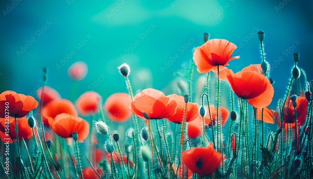 Obraz premium Blooming red poppies in a field in spring in nature on a turquoise background with soft focu.jpg