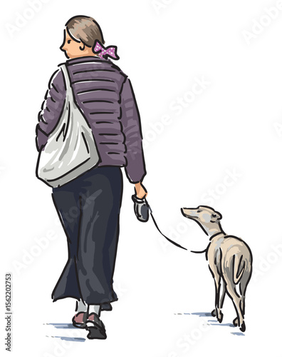 One casual towns woman with grey hound dog walking outdoors, rear view, realistic hand drawing, vector illustration isolated on white background