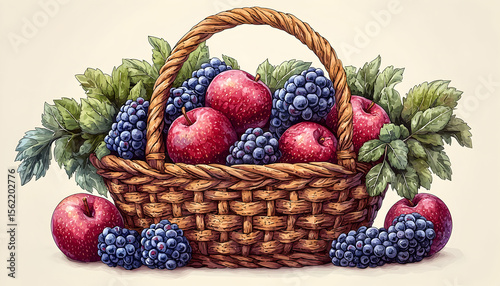 Basket Filled with Fresh Apples and Blackberries Still Life