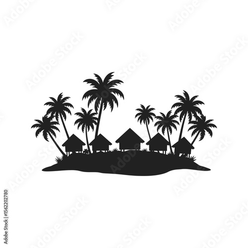 Tropical Island Silhouette Palm Trees Beach Huts Vacation Paradise
