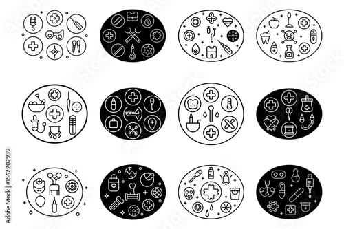 Twelve line art circles feature medical, pharmaceutical, and healthcare icons on a white backdrop