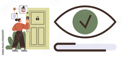Woman interacts with smart doorbell featuring advanced facial recognition. Adjacent is a visual of an eye and check mark symbolizing validation. Ideal for home security, smart devices, AI technology