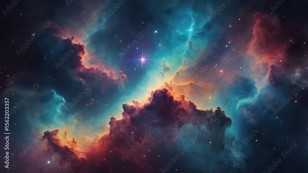 Fototapeta premium A vibrant nebula glows with red, blue, and orange hues against a backdrop of countless stars