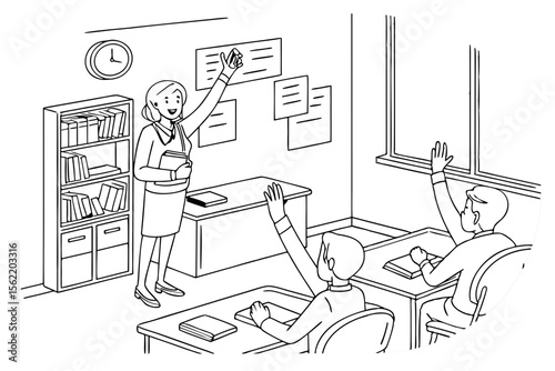 Line art coloring page of a classroom with students raising their hands to answer a question