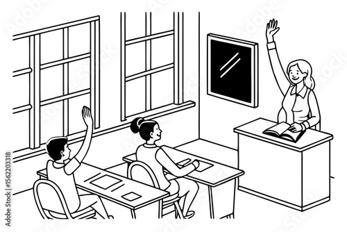 Line art coloring page of a classroom with students raising their hands to answer a question