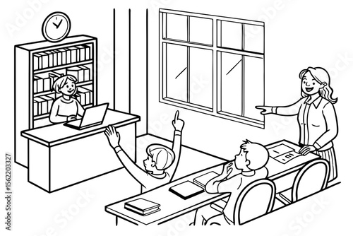 Line art coloring page of a classroom with students raising their hands to answer a question