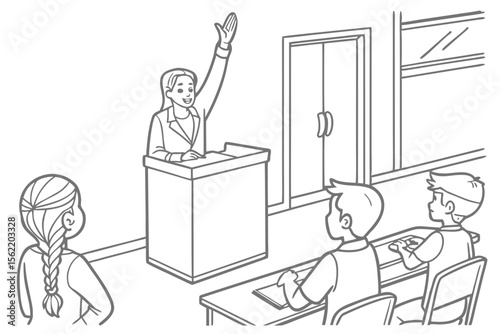 Line art coloring page of a classroom with students raising their hands to answer a question