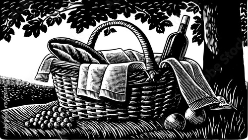 picnic basket with bread, grapes, and wine under a tree, ideal for food blogs, summer event invites, kitchen decor or forearm tattoos a black and white line art illustration
