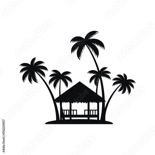 Tropical beach hut silhouette with palm trees vacation getaway summer paradise island resort travel destination