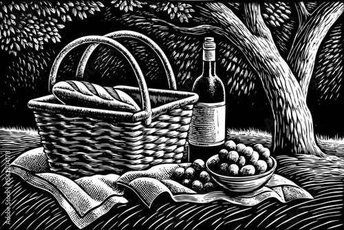 picnic basket with bread, grapes, and wine under a tree, ideal for food blogs, summer event invites, kitchen decor or forearm tattoos a black and white line art illustration