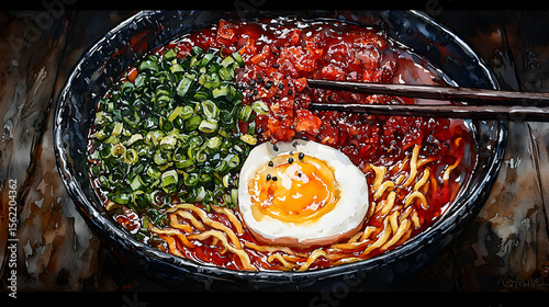 Ramen Bowl with Egg and Green Onions Still Life Painting