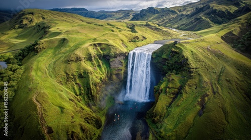 The Majestic Waterfall Cascading Through Lush Green Landscape in Iceland