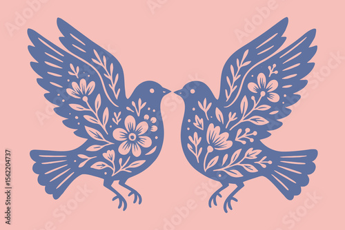 Dove pair floral folk style vector illustration